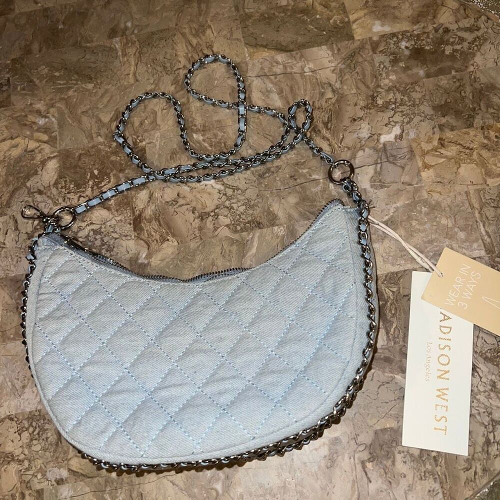 NWT light blue quilted denim Madison West crossbody sling bag Chain purse Y2K ba